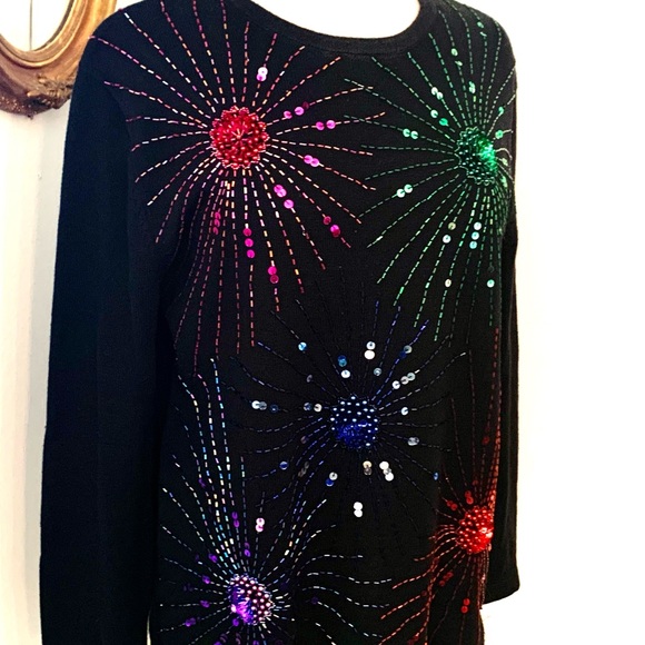 Women’s Black Sequined Sweater Holiday Christmas New Years Evening Sz L Terazzo - Picture 8 of 12